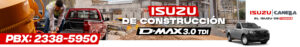 Isuzu construction banner with a red pickup at a muddy construction site and bold 'DE CONSTRUCCIÓN' text, plus a gray D-Max on the right and the phone number PBX: 2338-5950 at the bottom left.